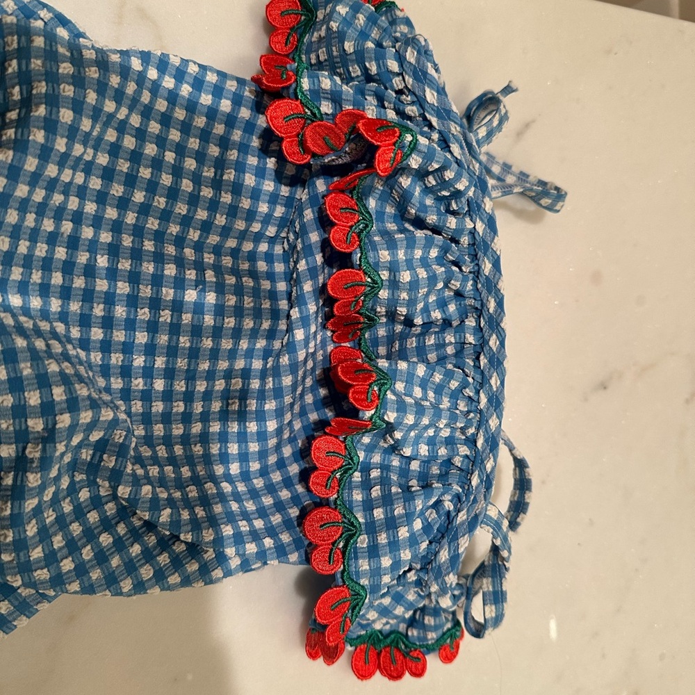 Mini Boden Blue and White seersucker cherry detail Swimsuit - Picture 7 of 7